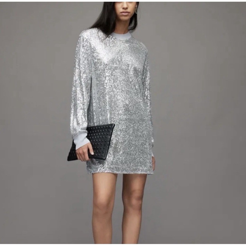NEW ALLSAINTS Juela Mini Sequin Dress Sparkly Silver Metallic Size‎ Small